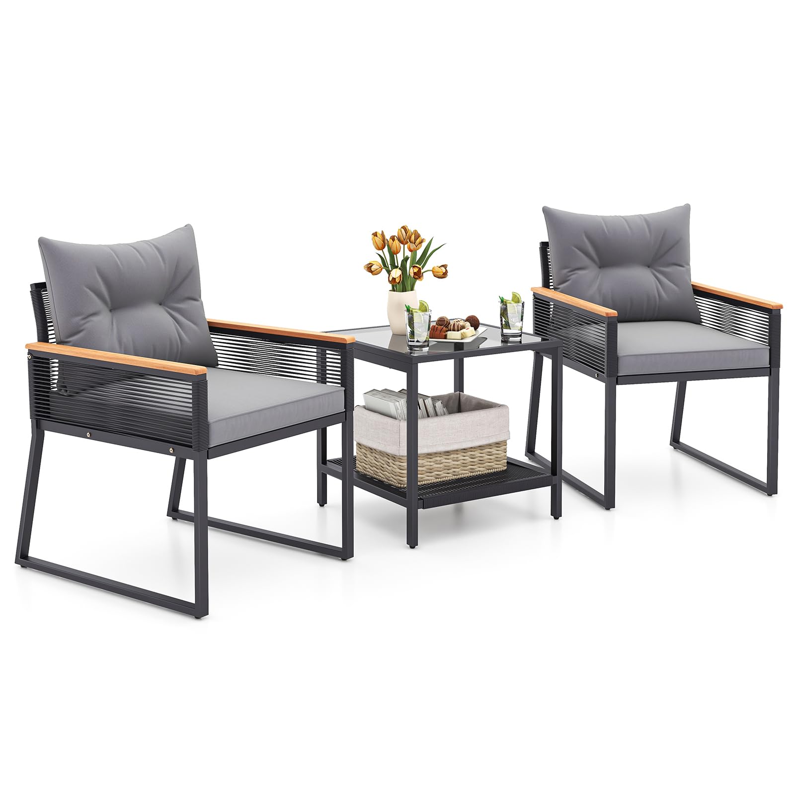 Tangkula 3 Piece Outdoor Conversation Set, Rattan Armchairs with 2-Layer Side Table